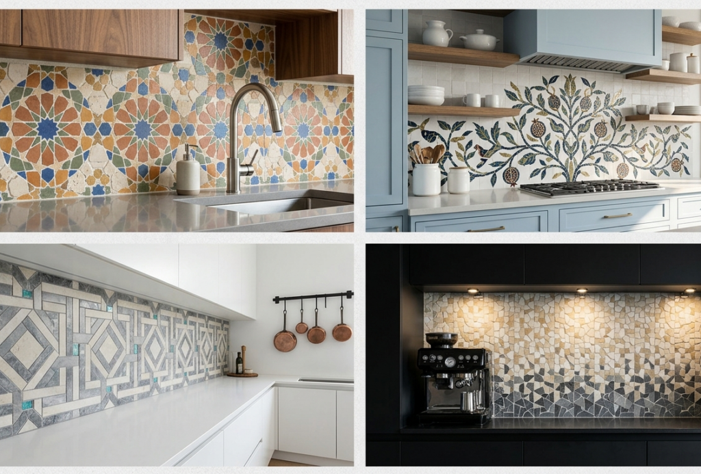 Levantine mosaic tile backsplash layouts design