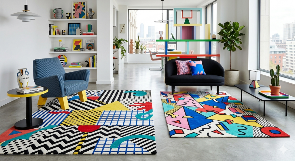 Memphis Milano geometric accent rugs design inspiration for modern homes