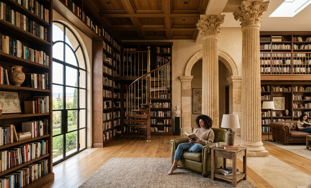 Roman Heliopolis columns home library design inspiration for modern homes