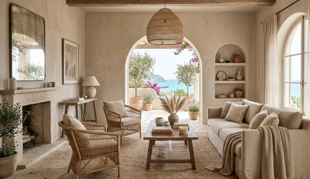 Sad beige Mediterranean living rooms design inspiration for modern homes