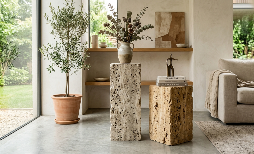 Pitted travertine pedestals design inspiration for modern homes