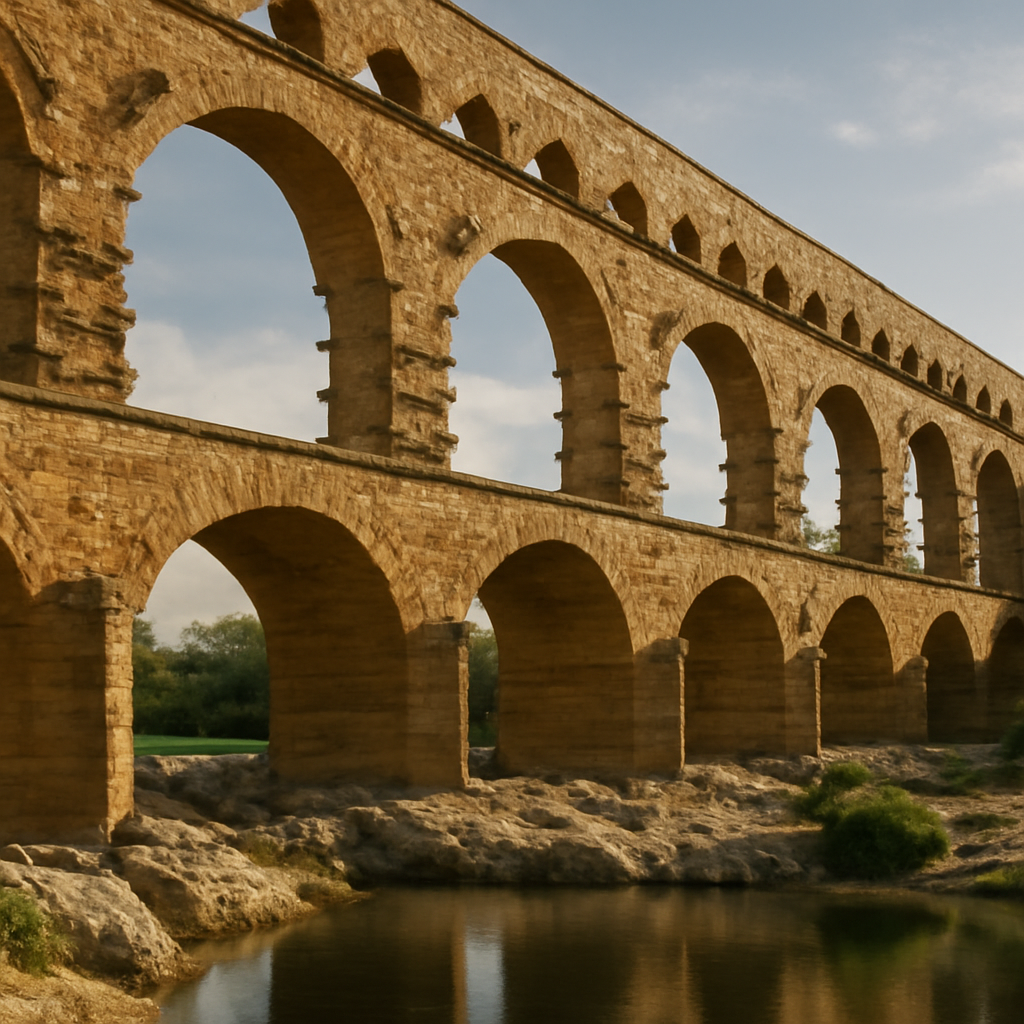 Cross-section of ancient aqueduct architecture showing tiered stone arches carrying water across a valley landscape