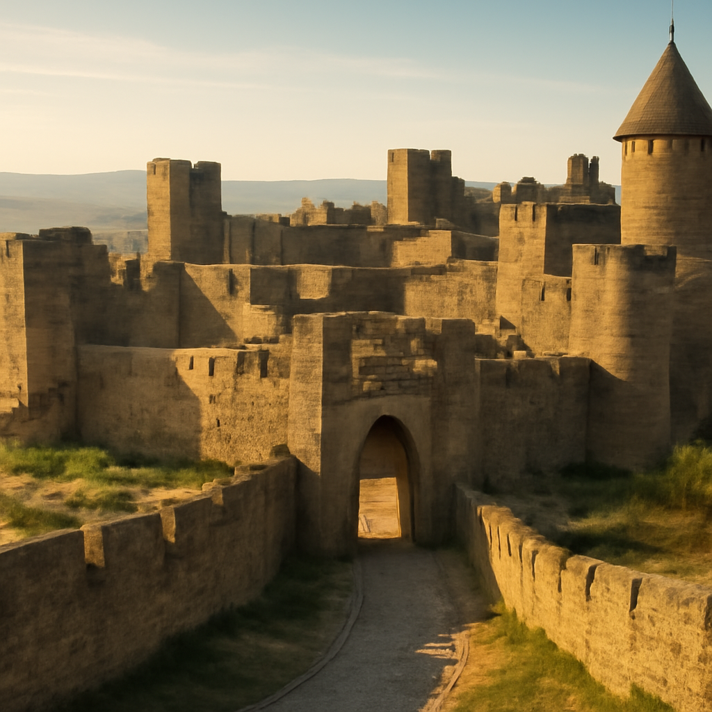 Aerial view of massive stone ancient fortifications with towering walls and defensive battlements against a rugged landscape.