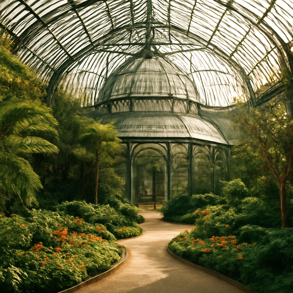 Stunning botanical garden architecture featuring a curved glass greenhouse surrounded by lush tropical plants and blooming flowers.