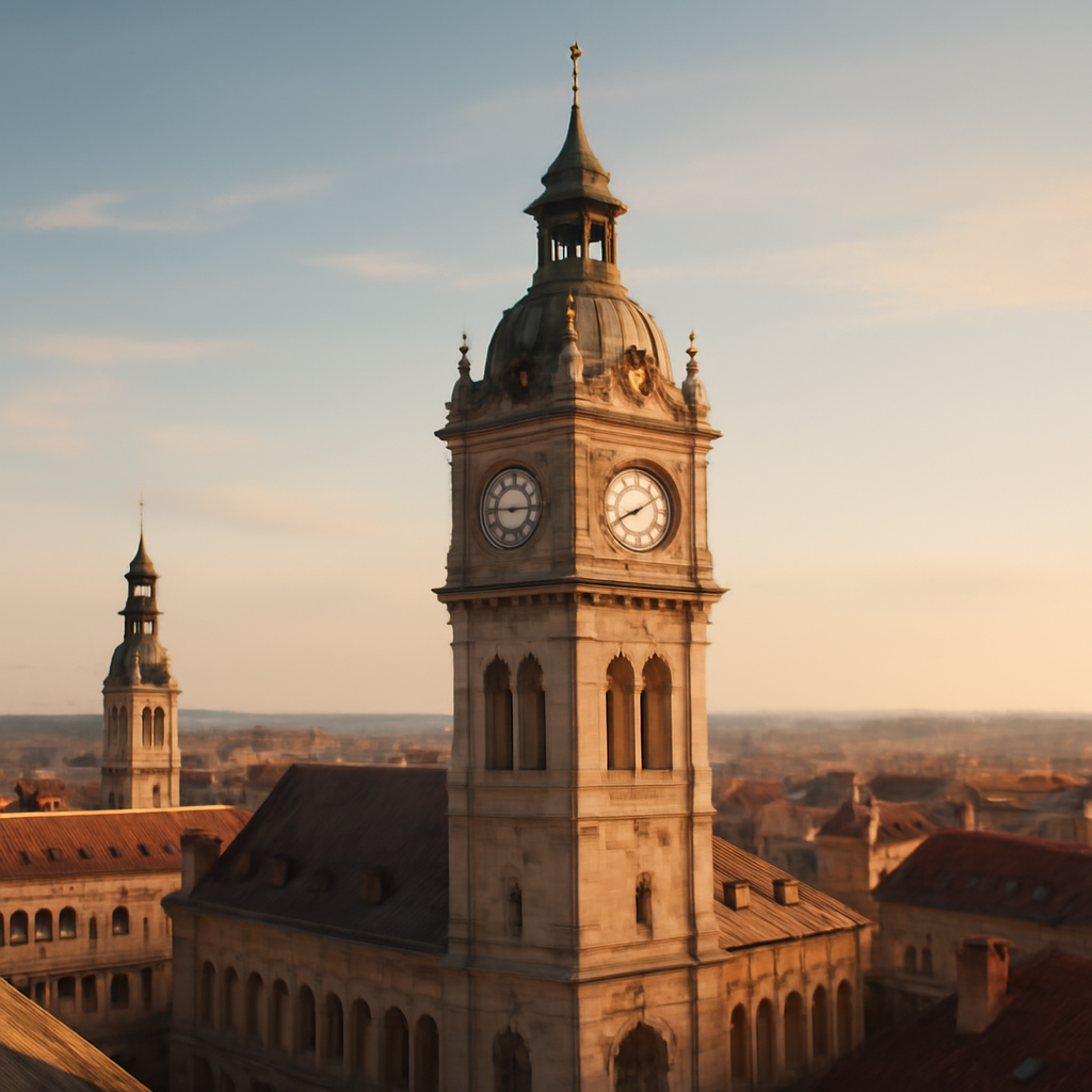 A stunning example of clock tower architecture featuring a historic stone tower with intricate detailing against a blue sky.