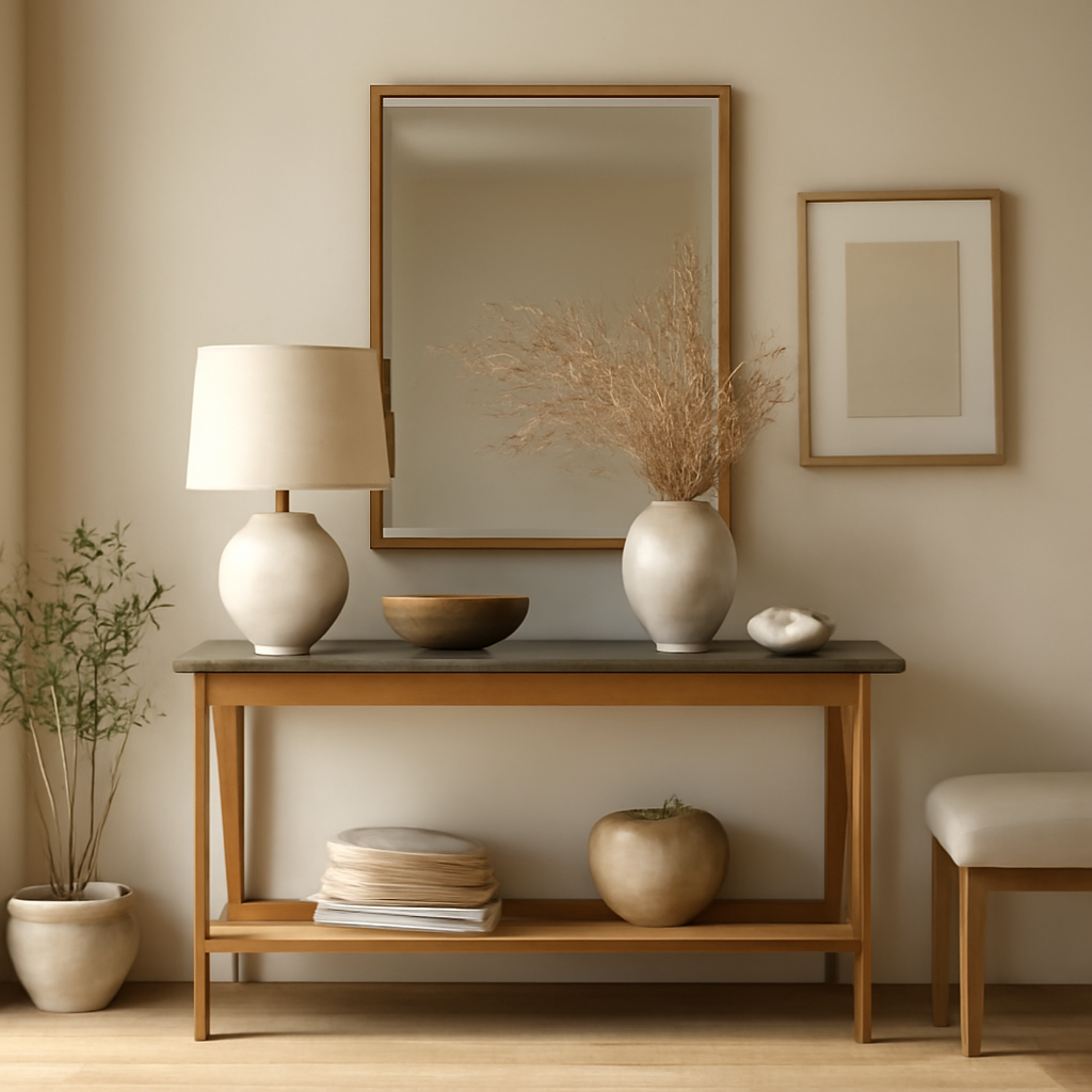 Stylish console table ideas for entryway decor with lamp, vase, and framed art.
