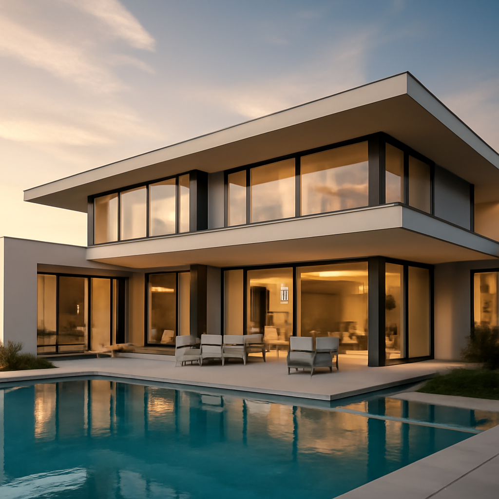 Contemporary mansion architecture showcasing a sleek luxury home with clean lines, large glass windows, and modern landscaping.