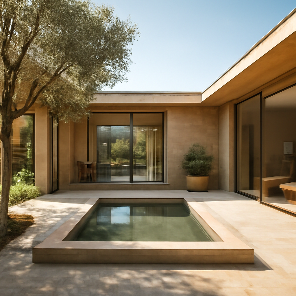 Modern courtyard house architecture with open-air central patio, glass walls, and lush greenery blending indoor and outdoor living.
