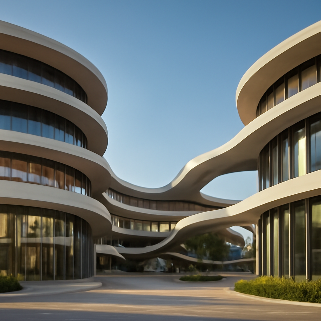 Curved architecture of a flowing white building with glass windows against a blue sky, redefining modern cityscapes.