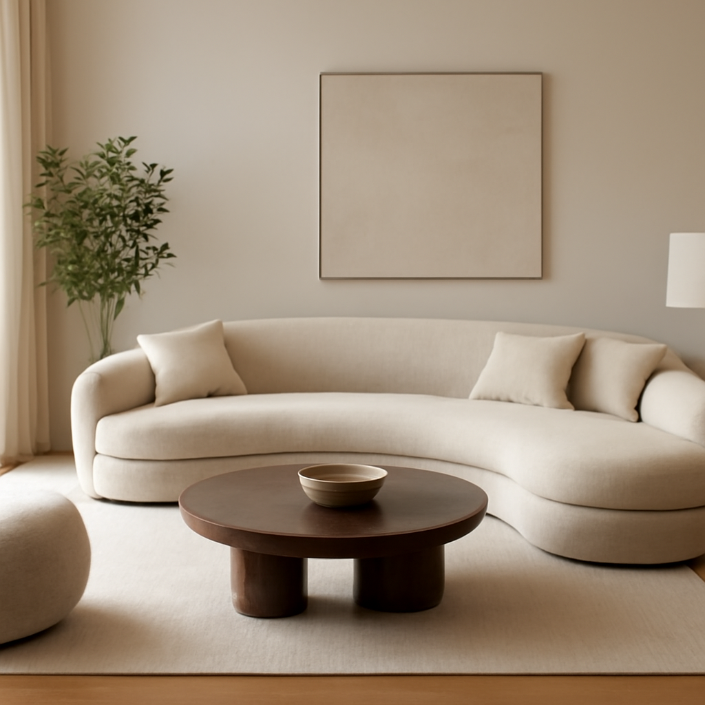 Curved sofa design with plush velvet upholstery in a modern living room, featuring soft curves and neutral decor for an elegant look.