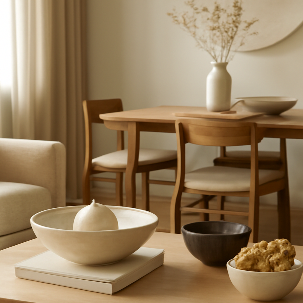 Decorative bowl ideas for elegant coffee table and dining room styling, featuring a ceramic bowl with greenery and candles on a wooden surface.