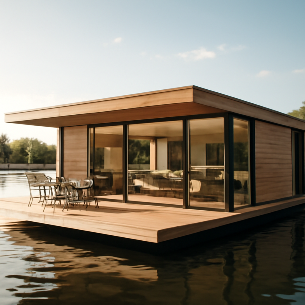 Floating house architecture: A modern waterfront home with large windows, built on stilts above calm blue water.