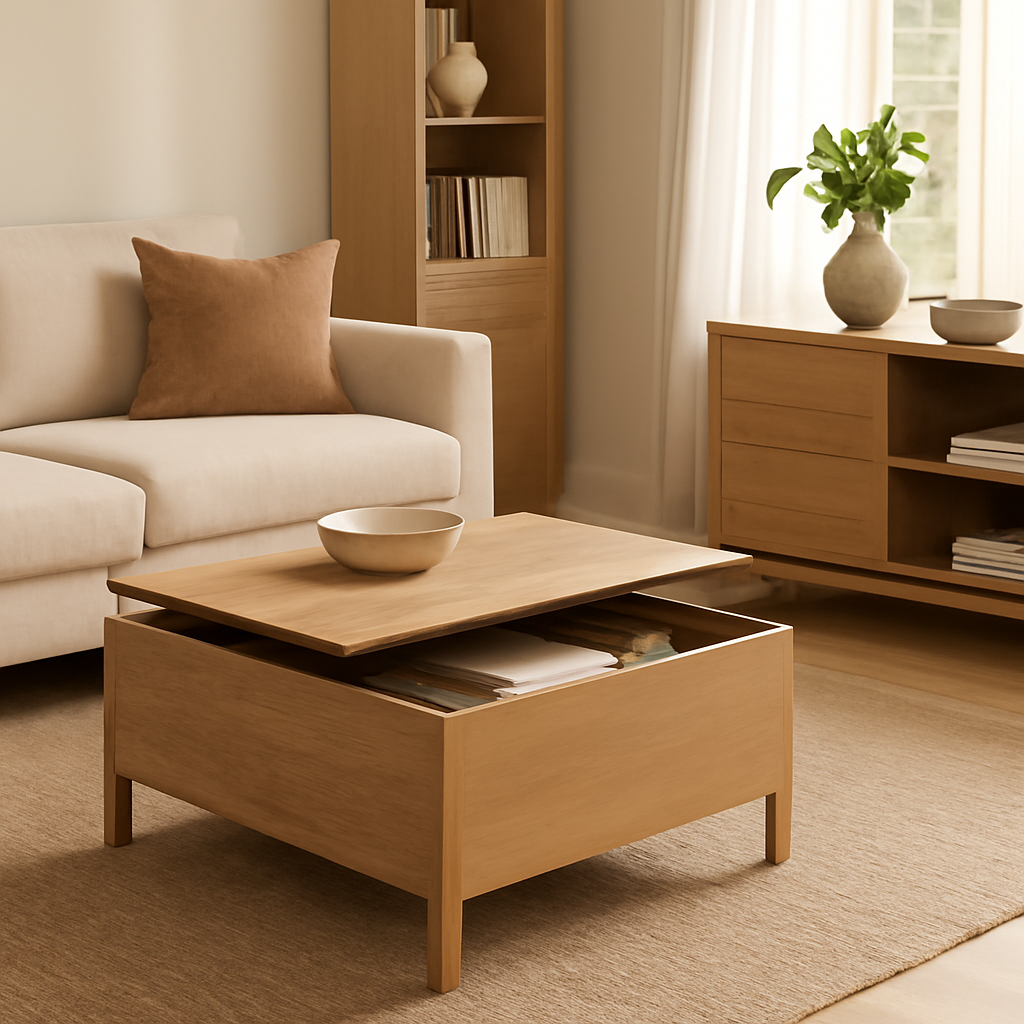 Stylish small home living room with hidden storage furniture, like a coffee table with secret compartments and a storage ottoman.