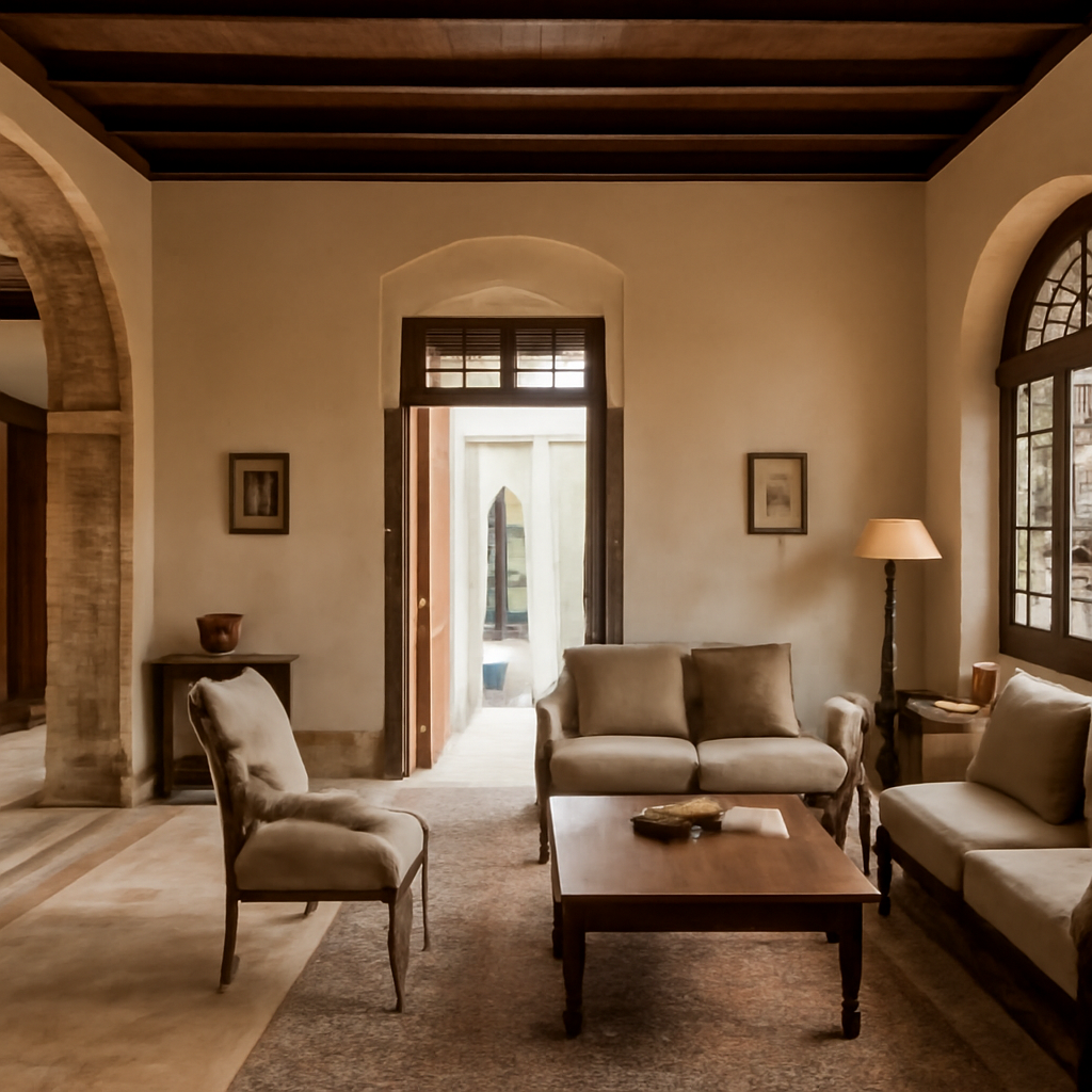 A sunlit traditional Lebanese interiors scene inside a historic home with arched stone windows, ornate wooden ceilings, and antique tile floors.