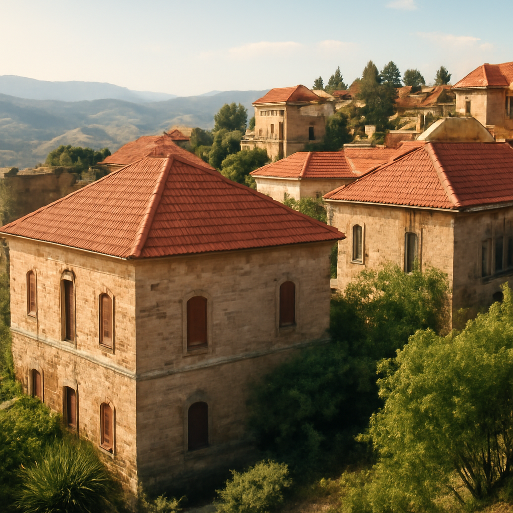 Aerial view of charming lebanese red roof houses with terracotta tiles, white stone walls, and lush greenery in a historic hillside village.