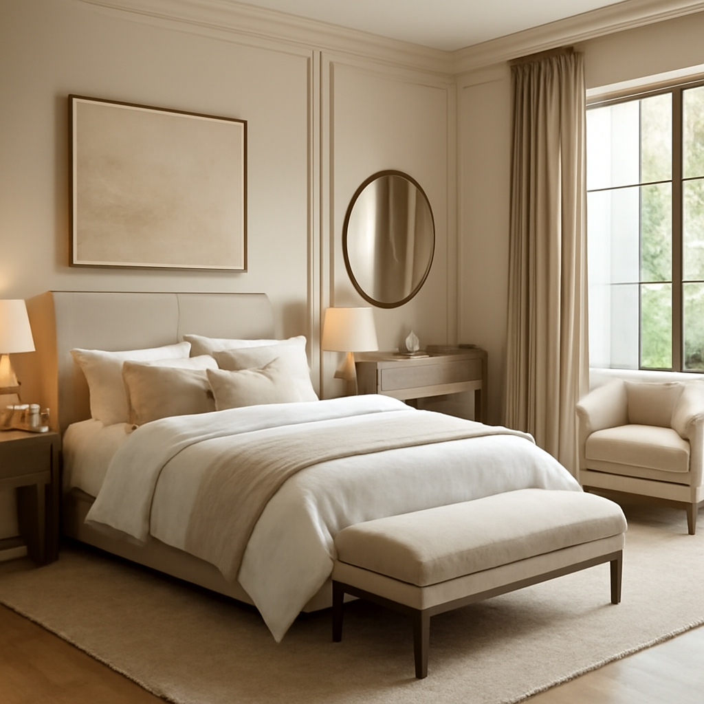 Elegant luxury bedroom decor with a plush bed, soft lighting, and neutral tones for restful living.