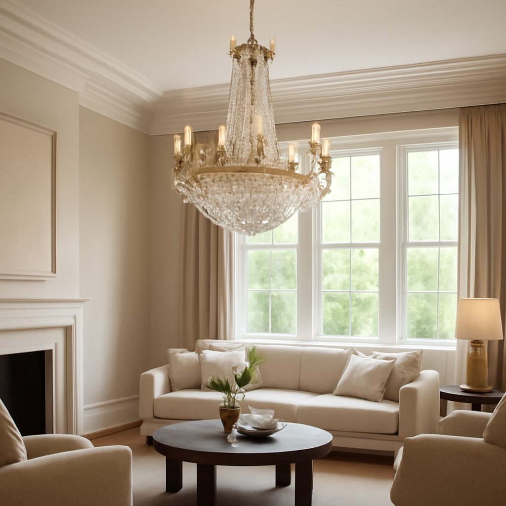 Elegant living room with a sparkling crystal chandelier, showcasing luxury chandelier ideas for a dramatic room transformation