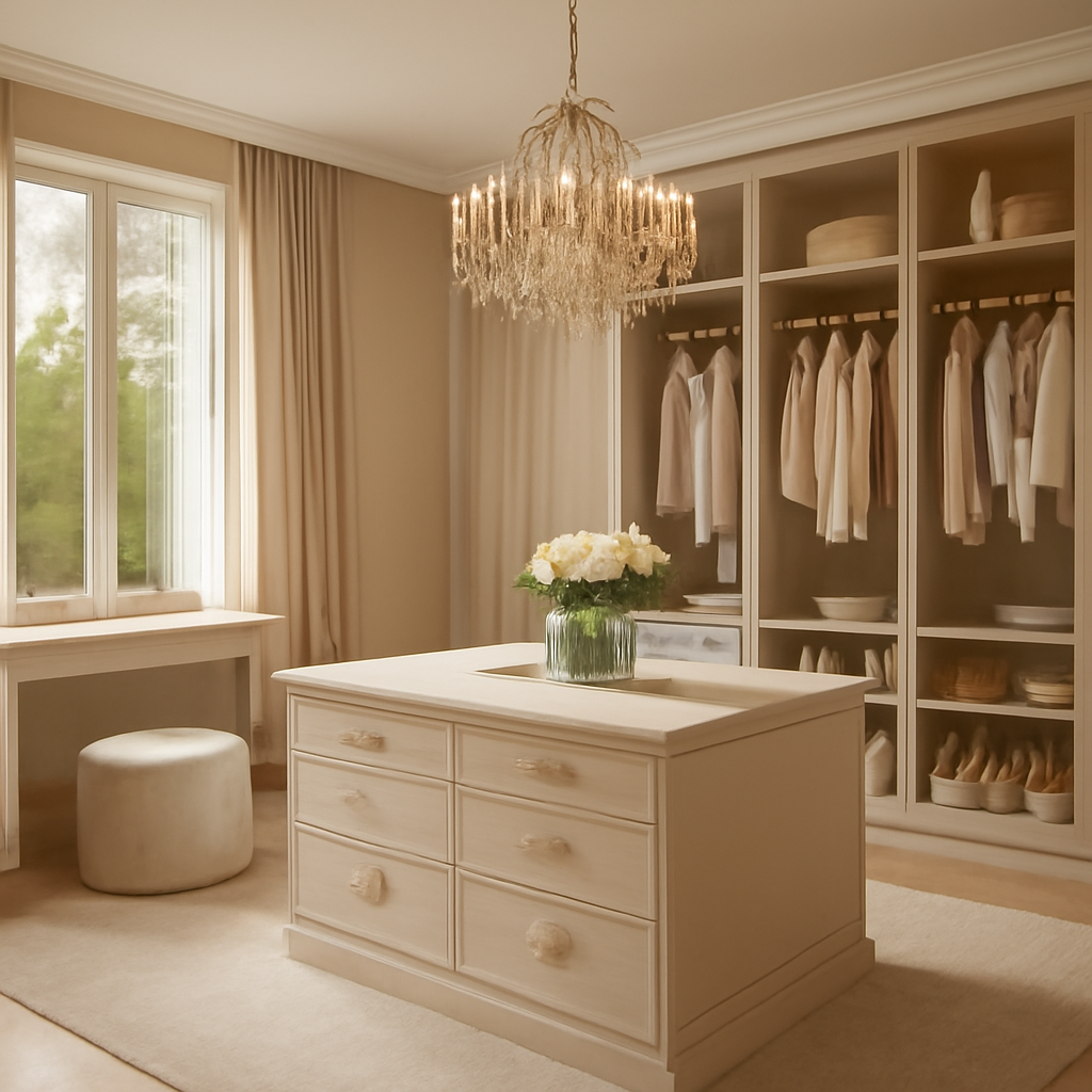 Luxury dressing room ideas featuring elegant built-in cabinetry, a plush ottoman, and soft ambient lighting for a sophisticated home.