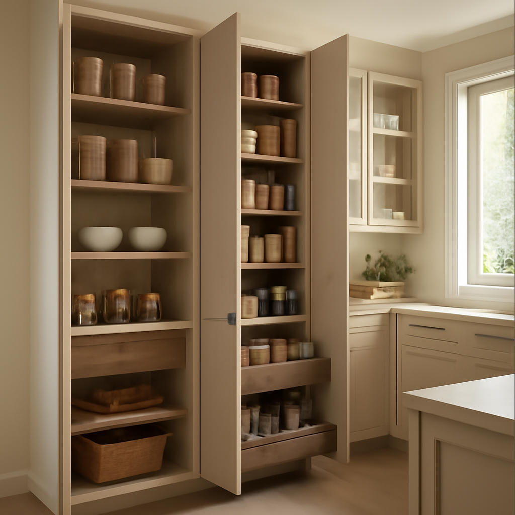 Luxury pantry design featuring custom shelving, glass jars, and organized dry goods in a bright modern kitchen with marble countertops.