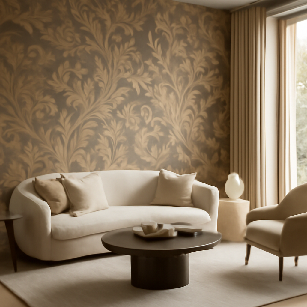 Luxury wallpaper trends showcase designer wallcoverings with bold botanical patterns transforming a modern living room interior.