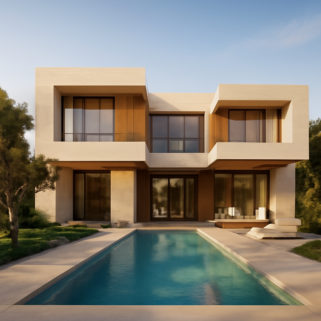 Stunning modern Lebanese villa architecture with sleek geometric lines, floor-to-ceiling windows, and a panoramic sea view.
