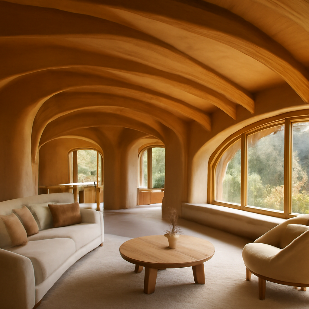 Modern organic architecture home with curved stone walls and large windows blending into a lush forest landscape.