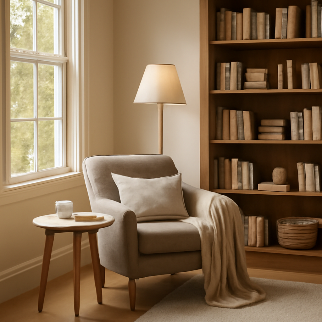 Cozy reading nook ideas with a plush armchair, soft blanket, and stacked books by a window.
