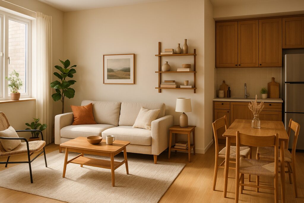 Cozy small apartment decor ideas: multifunctional furniture in a bright living room with vertical storage and wall shelves.