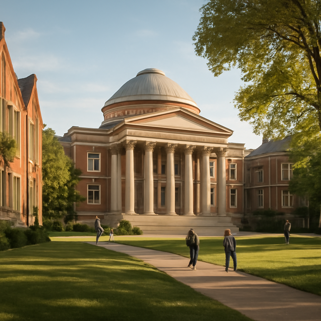 Stunning university campus architecture featuring historic stone buildings with arched windows, manicured lawns, and tree-lined pathways.