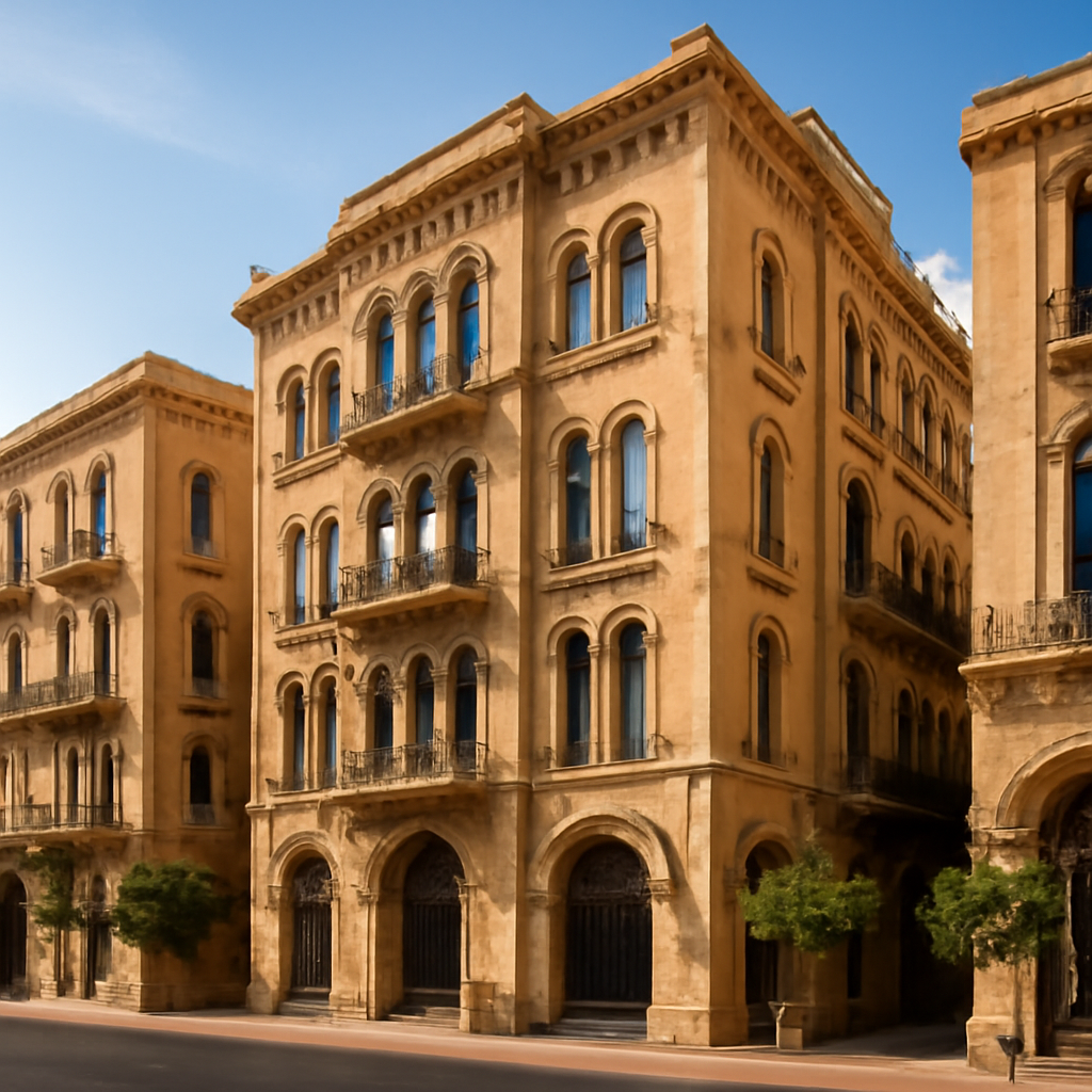 Ornate Ottoman-era facade of a historic Beirut building, showcasing beirut heritage architecture details and arches.