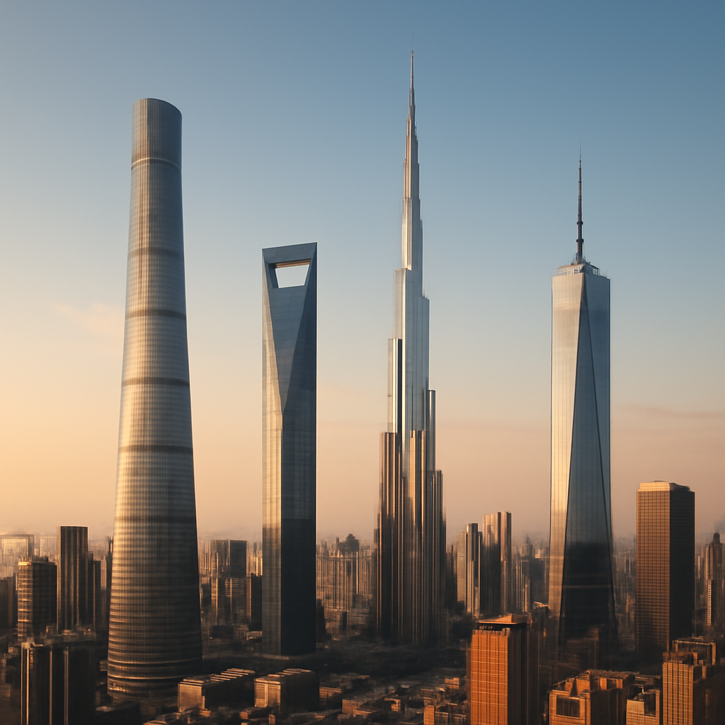 Famous skyscraper architecture: Burj Khalifa, Empire State Building, and Shanghai Tower against a sunset sky.