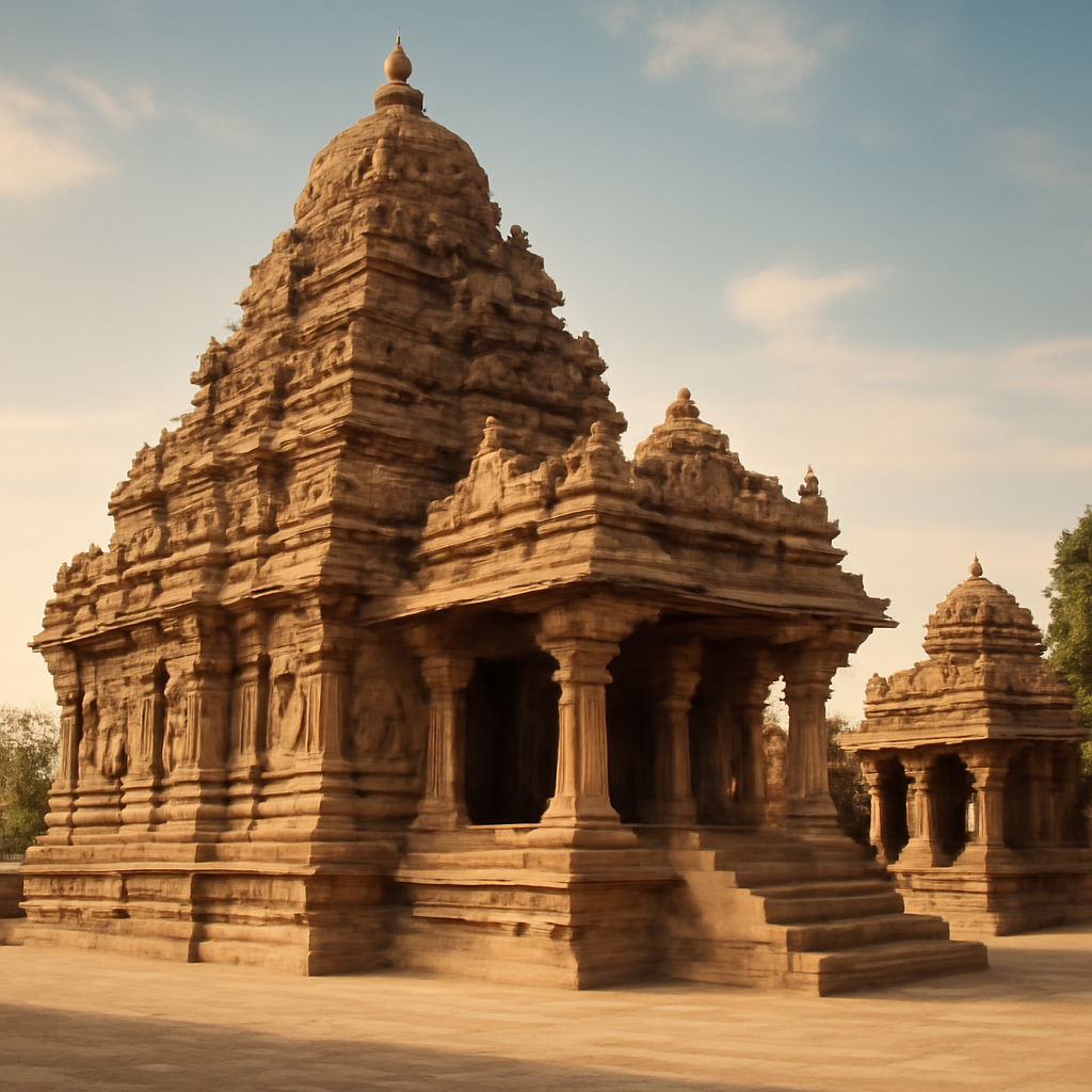 Famous temple architecture: ancient stone pillars and ornate carvings inspiring modern building design.