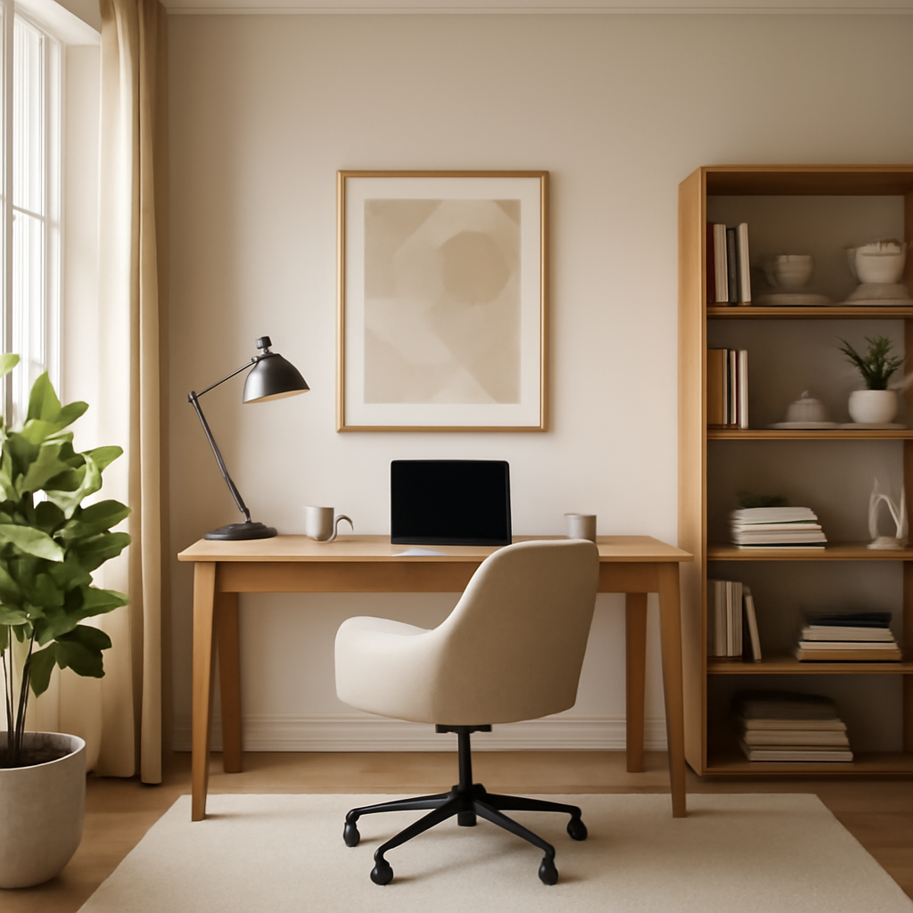 Bright home office design ideas with sleek desk, ergonomic chair, plants, and natural light for productivity.