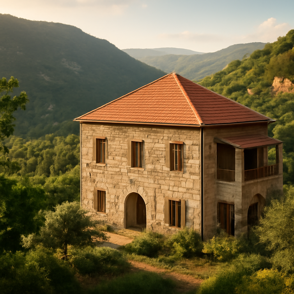 Stone lebanese mountain houses with red tile roofs nestled among green terraced hills and cedar trees.