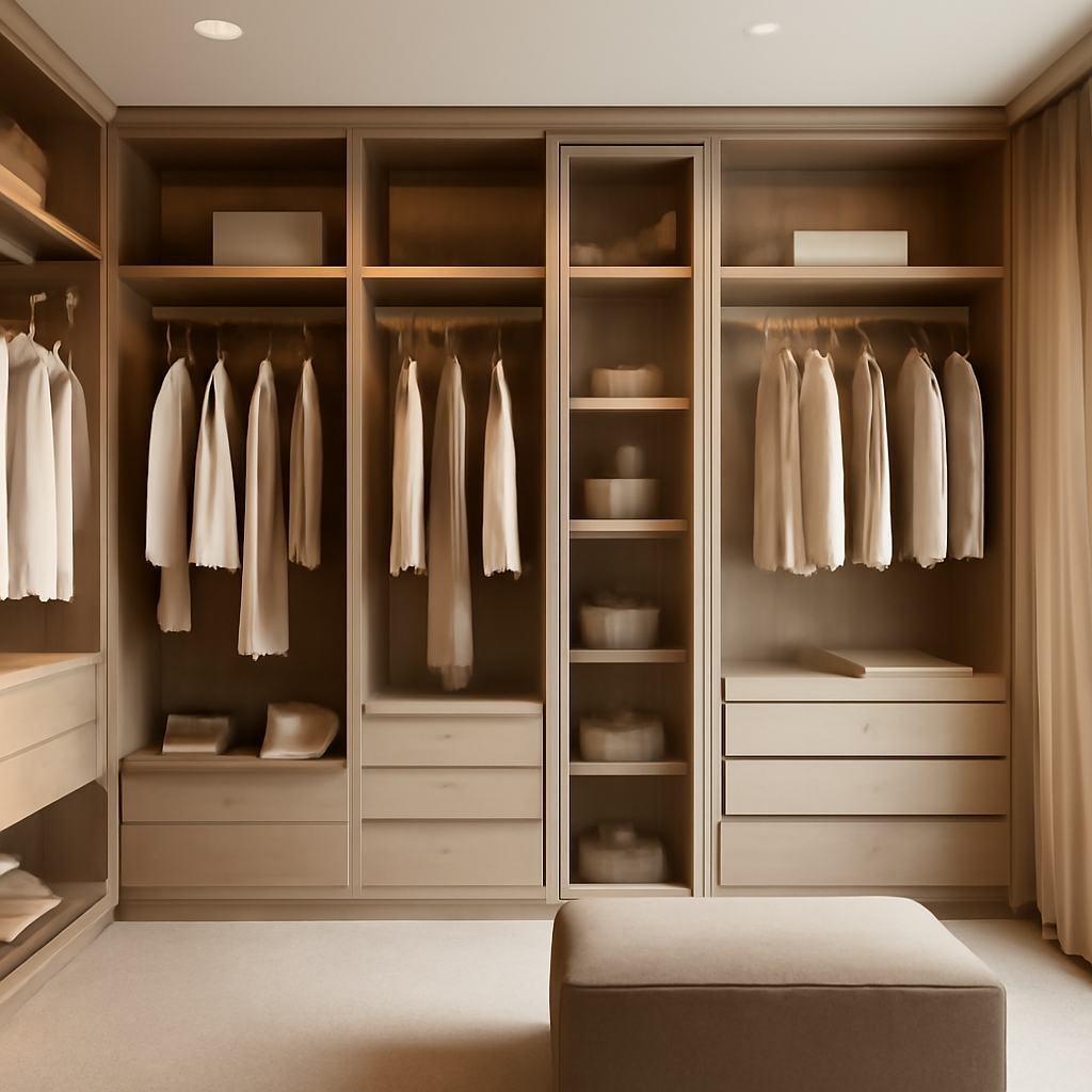 Elegant luxury closet design with built-in walnut shelving, soft LED lighting, and neatly arranged designer clothes and accessories.