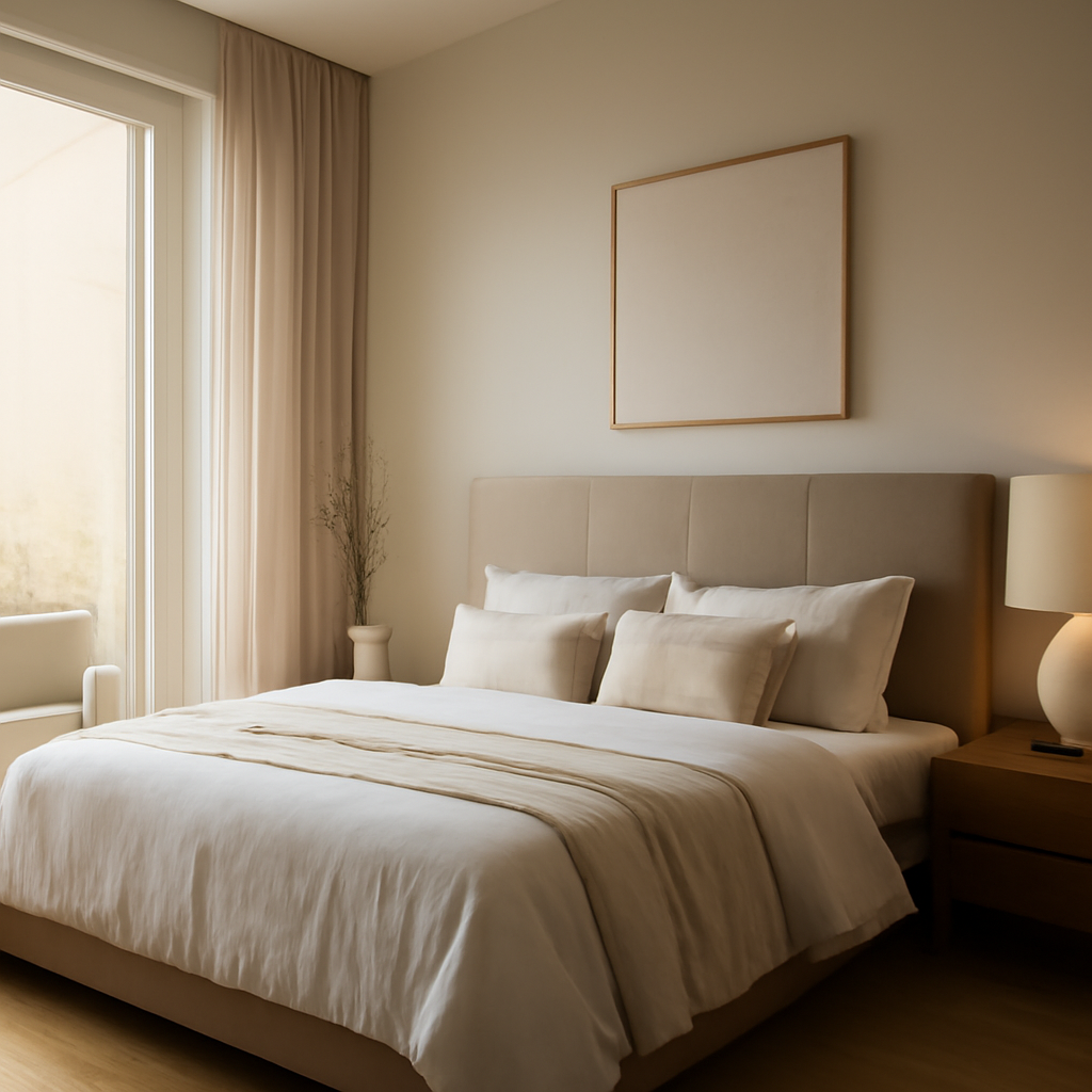 Elegant modern bedroom ideas with a plush bed, soft neutral tones, and warm accent lighting for comfortable living.