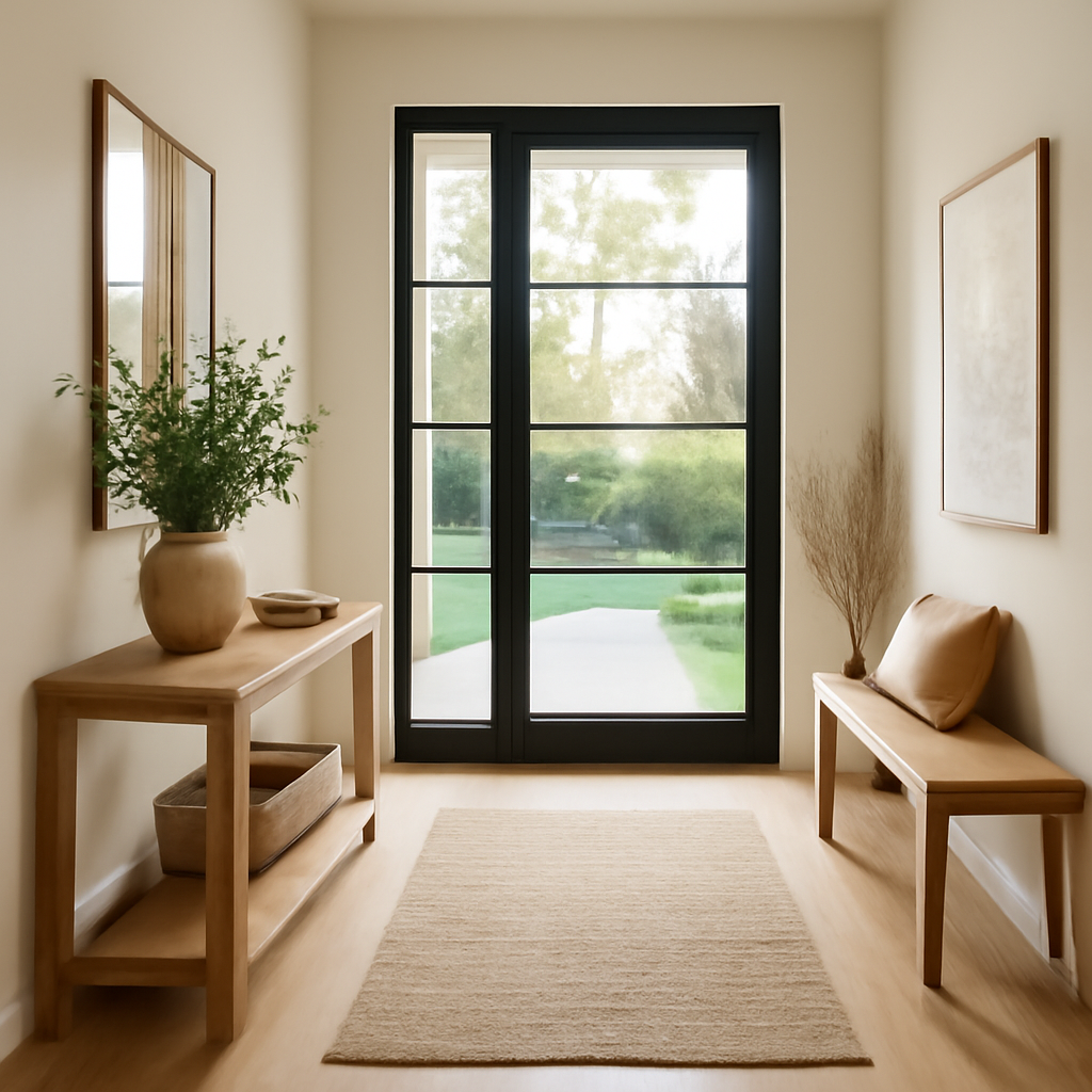 Modern entryway ideas: sleek console table, round mirror, and bench in a bright, stylish foyer.