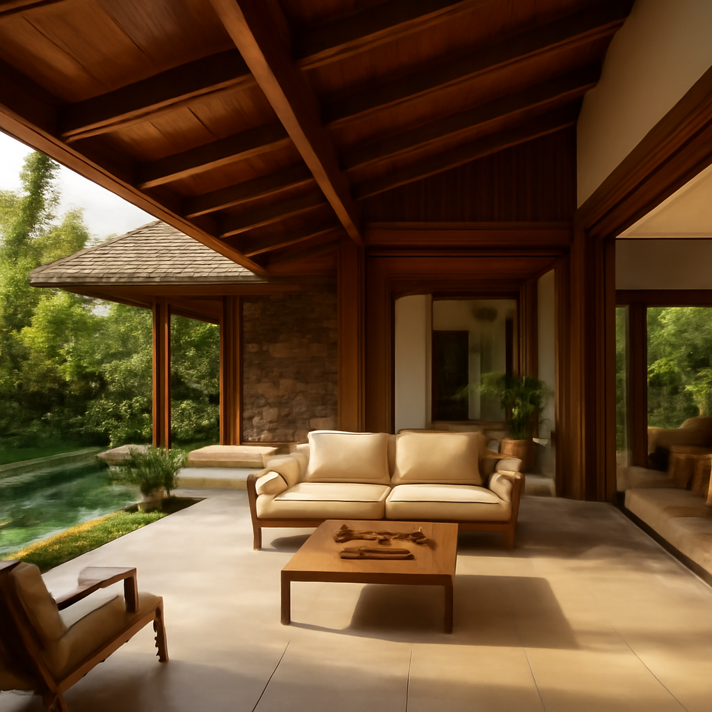 Modern tropical architecture home with open-air design, wooden beams, and lush palm garden for warm climate living.